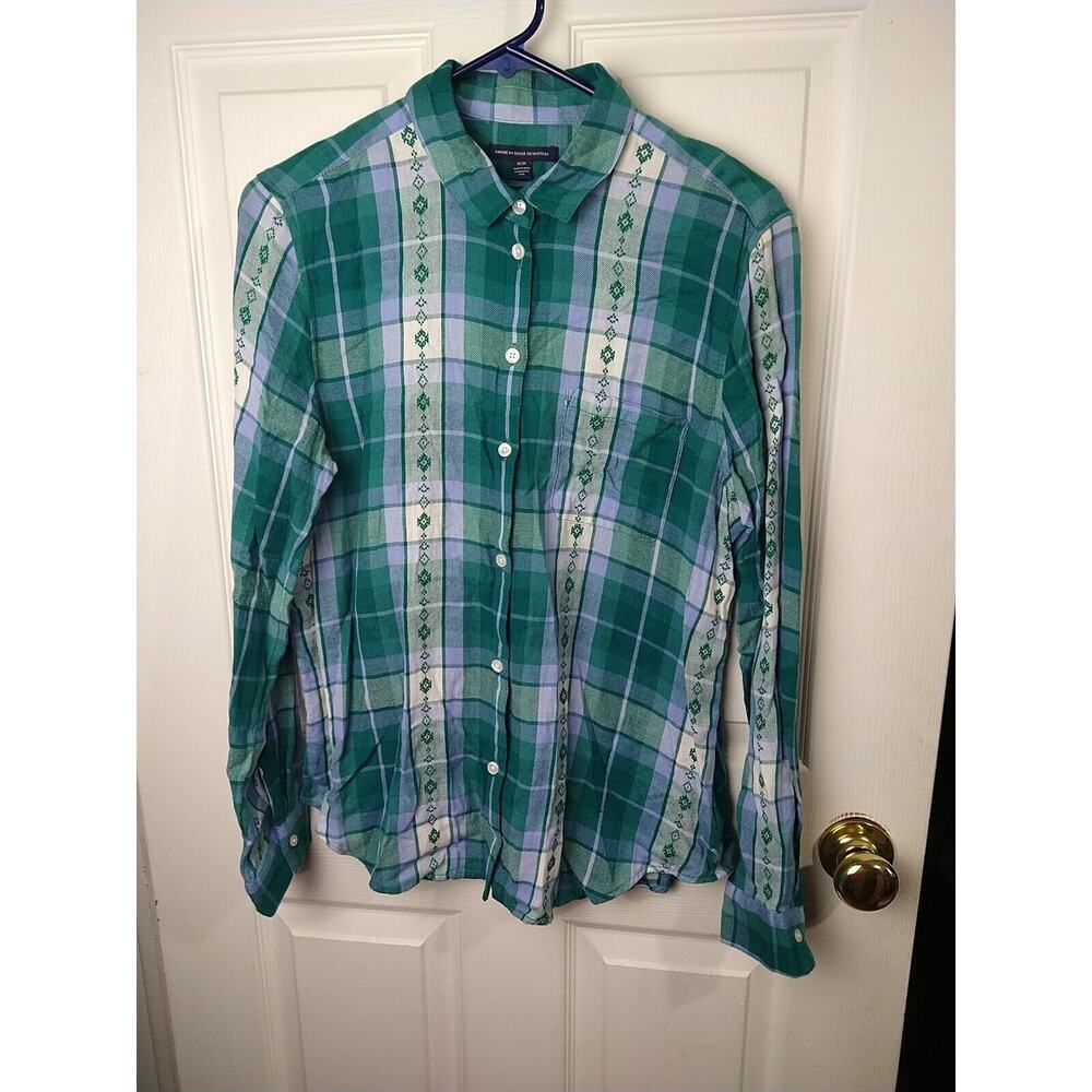 American Eagle Outfitters Woman M Shirt Green Plaid Collared Front Button